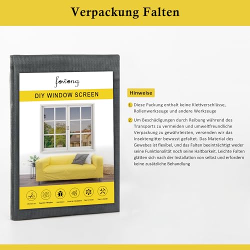 fowong Fliegengitter Fenster mit 10x Reißfestigkeit Upgrades Nanogitter, 122x252cm Extra Stabilität, DIY Katzenkratzfest Fliegennetz Ersatz für Fliegengitter Balkontür Wohnwagen,Grau, Geruchsneutral