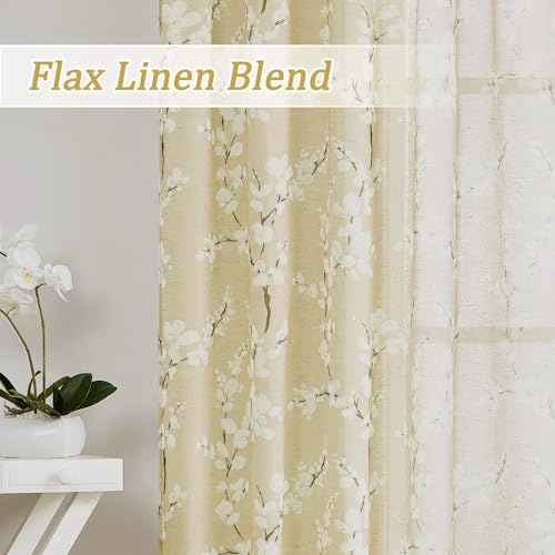 Image of FMFUNCTEX Linen Sheer Blossom Floral Print Curtains Cream 96 Inch 2 Panels