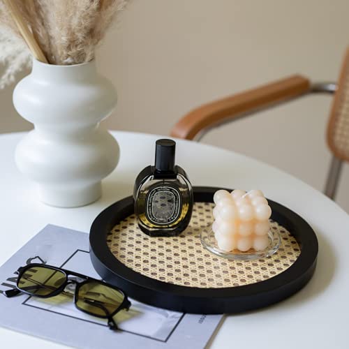 Hand-Woven Large Round Rattan Tray, Black Rattan Tray, Nordic Decorative Basket Tray for Coffee Table, Rattan Serving Tray, Multipurpose Wicker Tray, Round Vanity Tray for Dresser Tops, Cane Tray