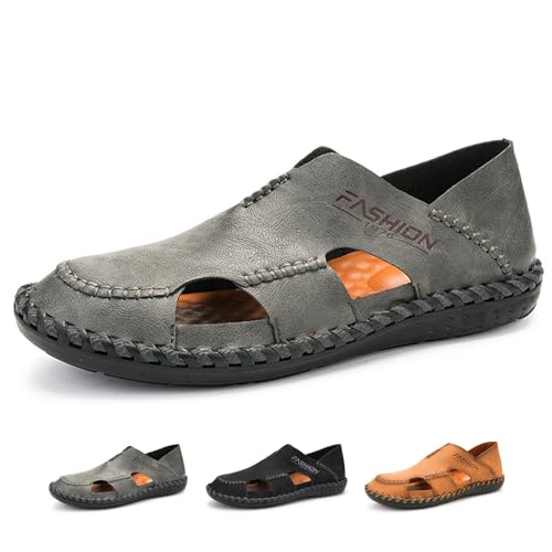 Men's Hollow Leather Closed Toe Casual Flat Sandals Outdoor Athletic Handmade Slip On Beach Shoes Summer Breathable Comfort Walking Sandals
