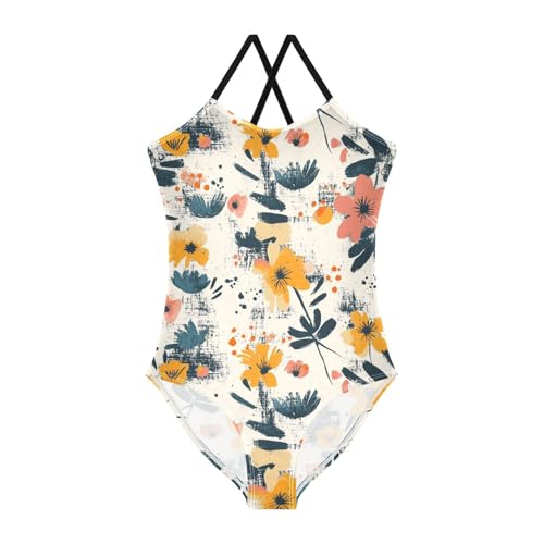 Ink Floral Girls One Piece Swimsuits Quick Dry Beach Swimwear Bathing Suit