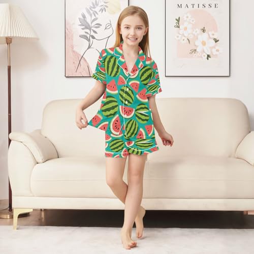 Satin Pajama Sets Short Sleeve Watermelon Slices on Teal Background Button Down Silky Nightwear 2 Piece PJS 5-14Y3