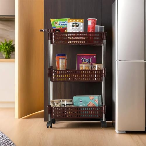 Image of Kuber Industries Storage Rack with Wheels | 3-Layer Storage Organizer Rack | Multipurpose Storage Trolley Rack for Kitchen-Home-office | Revolving Vegetable Storage Trolley | Brown