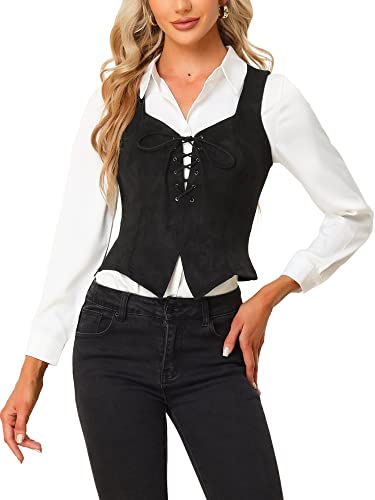 Allegra K Women's 2025 Vintage Faux Suede Vest Jacket Sweetheart Neck Sleeveless Lace Up Waistcoat Vest