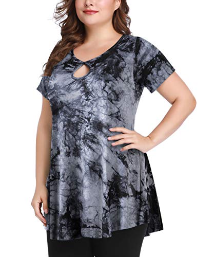MONNURO Womens Plus Size Short Sleeve Sexy Keyhole Swing Tunic Tops Casual Loose Fit Shirts(Tie Dye Black,4X)