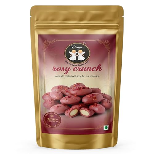 Image of DRIYOZ Rosy Crunch Rose Flavour Chocolate Coated Almonds 250g | Premium Crunchy Badam with Floral Chocolate Granules | Gourmet Sweet Nut Snack for Gifting & Celebrations