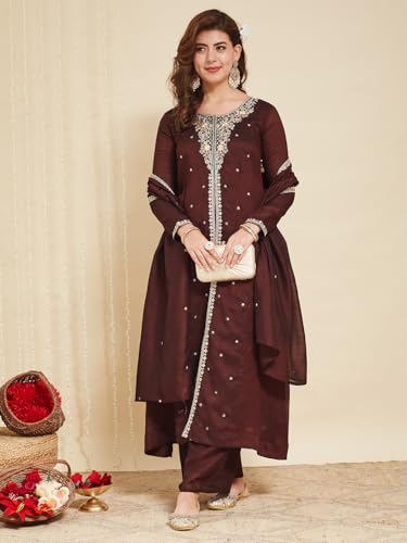 Image of MOKOSH Women's Silk Embroidery Anarkali Kurta Pant with Dupatta | Anarkali Kurta Set | Round Neck Full Sleeve Ethnic Suit | Indian Kurta Outfit with Pant | 3 Piece Outfit