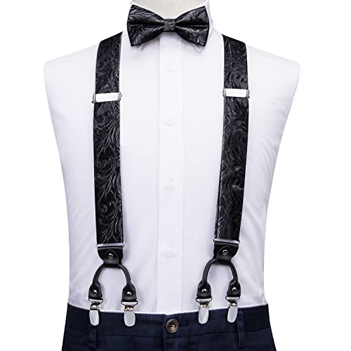 Image of Dubulle Suspender and Bow Tie for Men Paisley Solid Mens Suit Braces Pretied Bowtie and Handkerchief Cufflinks Formal Wedding