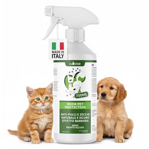 CLOSTER Neem Pet Protection 750 ML Antiparassitario Cani e Gatti - Olio di Neem Spray Pronto all’Uso - Repellente Zanzare Insetti Antipulci Contro Zecche Pulci Mosche Acari Pidocchi