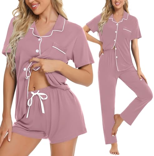 Image of SWOMOG Womens 3pcs Button Down Pajamas Set Short Sleeve Sleepwear Bride Pj Lounge Set with Long Pants