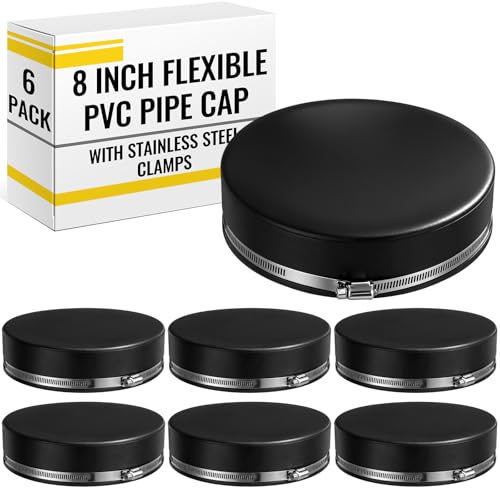 Image of 6 Pack 8 Inch Flexible PVC Pipe Cap with Stainless Steel Clamps - Black Durable End Caps for Drainage, Wastewater & Vent Pipes, Above /below Ground Use