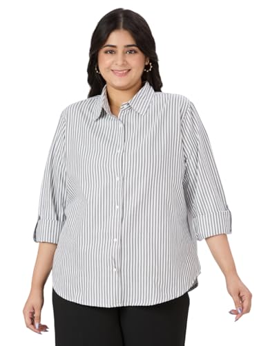 Image of Style Quotient Plus Women Blue and White Stripe Polycotton Regular Formal Shirt