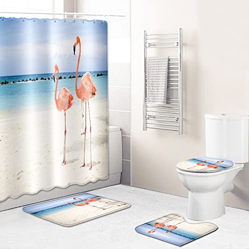 Duschvorhang Flamingo Blue Beach Badezimmerteppich 4-Teiliges Set, Duschvorhang 180x180 Polyester+Badematte rutschfeste…