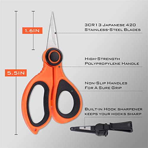 KastKing Fishing Line Scissors, Braided Line Cutters, w/Sheath, Super Sharp 3CR13 Japanese Stainless Steel Blades, Non-Slip TPR Handles, Includes Lanyard