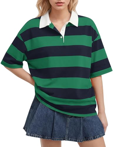 Meladyan Womens Rugby Shirt Striped Polo T-Shirts Oversized Short Sleeve Lapel V Neck Tee Summer Pullover Tops Green-Navy