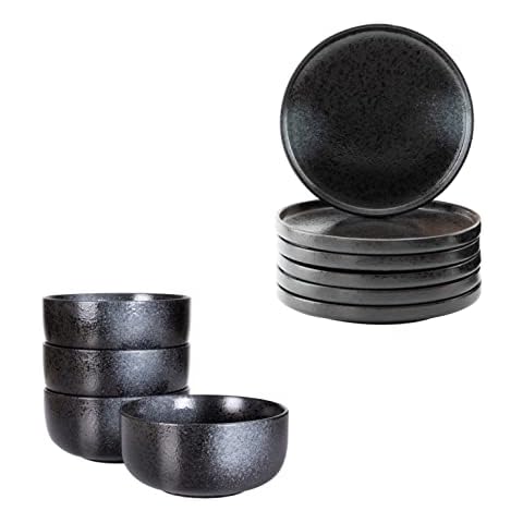 S&Q'S CERAMICS Soup Bowls and Salad Plates Set Bundle-Microwave and Dishwasher Safe,Black Cover