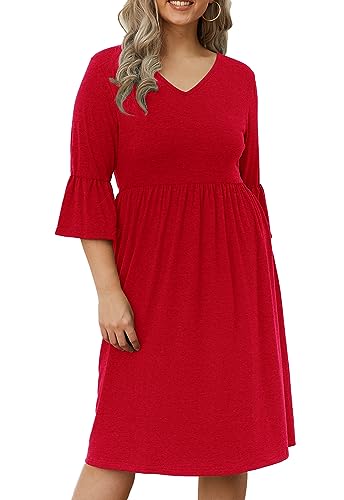 Women's Plus Size 3/4 Sleeve Casual Dress V Neck...