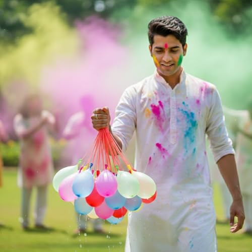 Image of TOTA Holi Balloons | Set of 1 Balloon Bunch | 37 Water Balloons | Quick Fill and Auto Tie in 60 sec Gubbare | Multicolour Water Magic AA