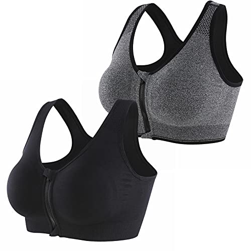 CLOUSPO Sport-BH nach Operationen, Reißverschluss vorne, kabellos, mit herausnehmbaren Pads, Yoga-BH für Workout Fitness, Grau/Schwarz, XL CLOUSPO Sport-BH nach Operationen, Reißverschluss vorne, kabellos, mit herausnehmbaren Pads, Yoga-BH für Workout Fitness, Grau/Schwarz, XL