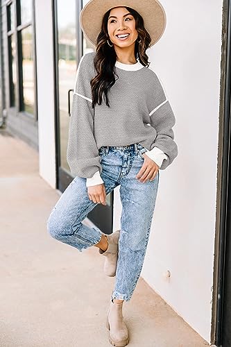 Image of Womens Sweaters Fall Fashion 2026 Color Block Oversized Pullover Knit Tops