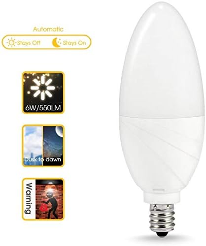 TechogoMade Dusk to Dawn Candelabra Light Bulbs Outdoor, 6W (60W Equivalent) E12 Light Bulb Base, Warm White 3000K Auto ON/Off Smart Sensor LED Light Bulbs for Porch Light, Driveway, 2 Pack