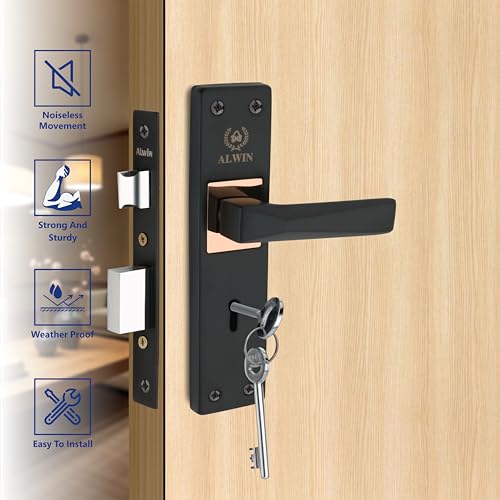 Image of ALWIN Diamond Plus KY, 8 Inch Iron Mortise Lockset, 6 Lever Double Turn Lock, 3 Keys, Ideal for Main Door, Bedroom, Living Room, Bathroom and office in Both for Right and Left Hand Doors (Plus, Black)