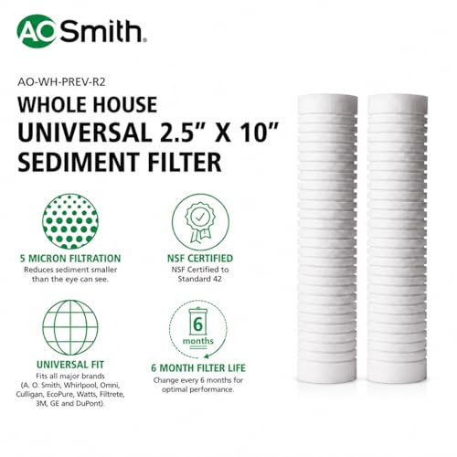 Image of AO Smith 2.5 inchx10 inch 5 Micron Sediment Water Filter Replacement Cartridge - 2 Pack - NSF /ANSI 42 Certified - For Whole House Filtration Systems - AO-WH-PREV-R2