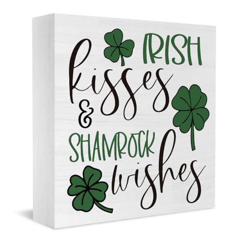 St Patricks Day Decorations Irish Kisses Shamrock Wishes Decorative Sign Spring Decorative Gifts for Women Friends Family St Patricks Day Decor for Office Desk Table Home Bedroom 5 X 5 Inches Wooden