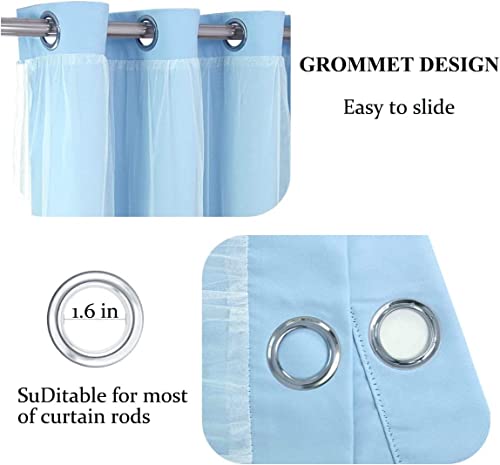 Image of Blue Curtains 90 inch Length 2 Panels Set - Double Layered Blackout Curtain Drapes with White Sheer Voile and Lace Hem for Kids /Girls Bedroom Living Room Nursery (52x90 inch, Sky Blue)