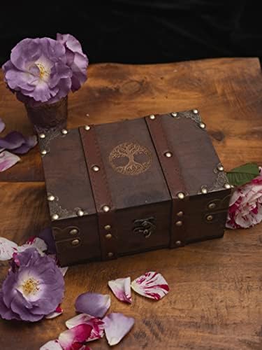 vuagmiv Wood and Leather Chest Box, Yggdrasil Engraved Wooden Box, Tree of Life Wiccan Supplies and Tools Storage Box, with Velvet Lining Home Decor Keepsake Box (Tree of Life)
