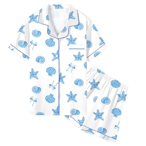 Image of Umeyda Women & Girls Pajamas Set, Soft Satin Lightweight Silk Button-Down Top with Shorts 2 Piece PJS for Mom Boys Kids Gifts