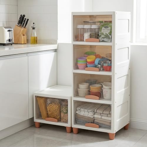 Image of Ash & Roh Multi-Layer Plastic Storage Cabinet with Transparent Flip Door | Space Saving Organizer for Kitchen, Bedroom, Office | Foldable Stackable Storage Unit with Legs | (4-Tier + 4-Tier White Box)