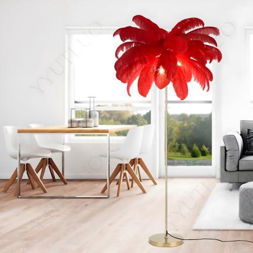 YYUTLUO Lampe À Plumes Moderne, Lampadaire En Plumes D'Autruche Naturelles, Hauteur 160cm, Poteau Et Base Dorés, 3 Températures De Couleur, Ampoules LED G4,...