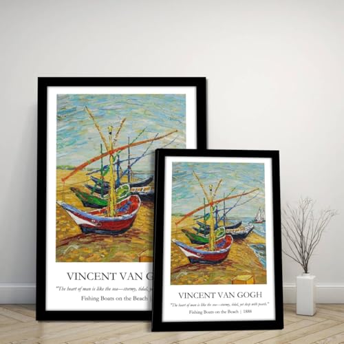 Image of Waltractive Vincent Van Gogh Paintings Framed Poster with Beautiful Quotes - Available in 33x22 and 48x33 CM - Classic Art Poster with sleek Black Frame - Elegant Home and Office Decor (Fishing Boats on the Beach, 13x19 Inch, Framed)