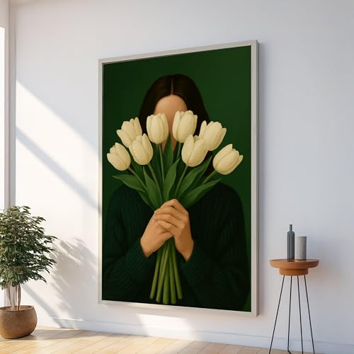 Peinture sur toile femme aux tulipes blanches 50x70cm pour décoration murale moderne sans cadre