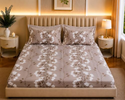 Image of Castiqa Cotton Feels Microfiber Fabric Floral Designs Super King Size Fitted Bedsheet with 2 Pillow Covers 72x78 inch (Fits Upto 12Inch Mattress) (Coffee Floral)