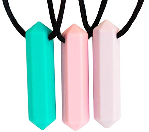 Tilcare Chew Chew Sensory Crayon Teether Necklace 3-Pack  Best Tools for Autism and Teething Kids  Durable and Strong Silicone Chewy Toys - Chewing Pendant for Boys & Girls - Chewlery Necklaces