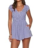 Chunersha Summer Gingham Romper for Women 2025 Dressy Casual Country Boho Beach Vacation Short Plaid Smocked Jumpsuit Blue