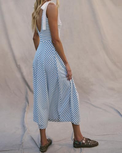 Image of Women Casual Summer Dresses Smocked V Neck Beach Dress Striped Sleeveless Sundress Flowy Long Dress with Pockets Blue White
