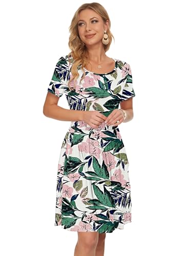 Image of AUSELILY Women's Short Sleeve Pleated Swing Summer Dress with Pockets | Knee-length short sleeve dress, empire waist & pockets, ideal for casual daily wear and vacation