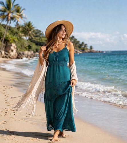 Image of Sakkas Stonewashed Rayon Embroidered Adjustable Spaghetti Straps Long Dress