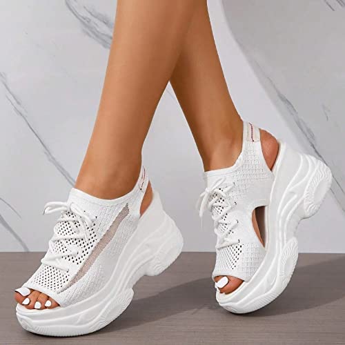 Sandálias femininas de salto alto vazadas sandálias esportivas de tecido com cadarço na frente sandá