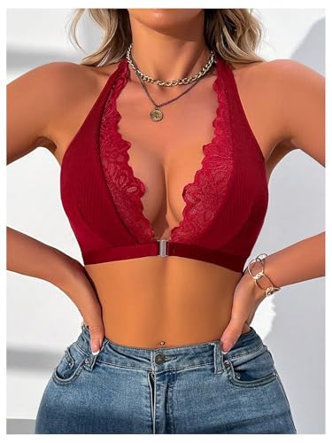 Image of SOLY HUX Bras for Women Halter Lace Front Closure Bra Wireless Deep V Triangle Bralette Solid Burgundy Large