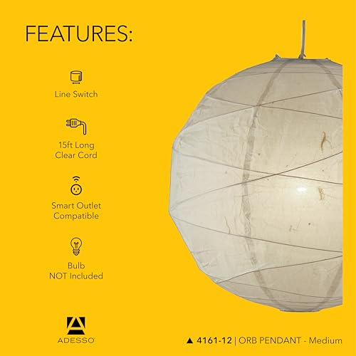 Adesso Orb Medium Pendant with Collapsible Rice Paper Shade – 15ft Cord, 19” Diameter – Stylish Ceiling Lighting by Adesso - Image 5