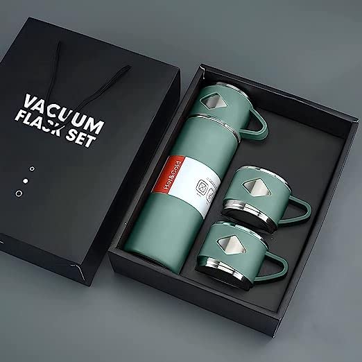 BERO Latest Steel Vacuum Flask Set with 2 Stainless Steel Cups Combo – 500ml – Keeps HOT/Cold | Ideal Gift for Winter – Housewarming Random Color
