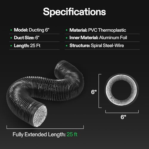 VIVOSUN Flex Air Aluminum Duct for Ventilation, 6 Inch 25 Feet, 2 Clamps Included, Long Heavy-Duty Multi-Layer Dryer Hose Vent Kit, Duct Fan Systems