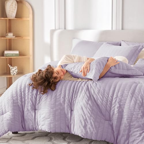 Image of MUXHOMO 7 Pieces Oversized King Comforter Set, Seersucker Bed in a Bag Oversized King Size, All Season Luxury Bedding Set with Comforter, Flat Sheet, Fitted Sheet, Pillowcases & Shams, Lavender