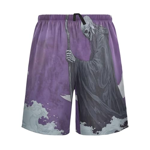 Mens Sleep Shorts Grim Reaper Moon Print, Elastic Pajama Pants Sleepwear with Pockets S