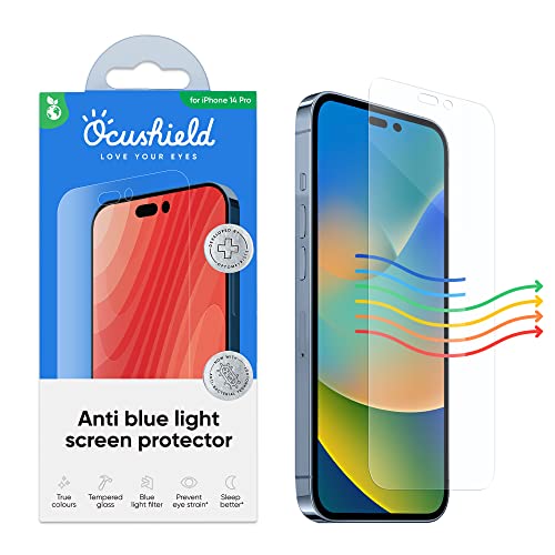 Ocushield Protection d'écran en verre trempé anti-lumière bleue pour iPhone 14 Pro 6,1" - Protège vos yeux - Réduit les migraines et améliore le sommeil Cover