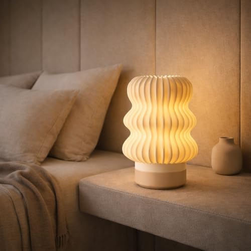 Image of Wavey Mini Table Lamp Modern Wavy Design Bedside Night Lamp, Warm White Glow, 5W Plug-in Decorative Lamp for Bedroom & Home Decor, Plastic, Beige